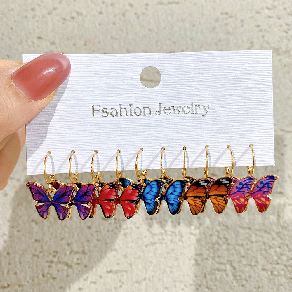 A 5-piece set of European and American colorful butterfly earrings, creative earrings, women's fashionable combination ear buckles, high-end earrings Specification drawing