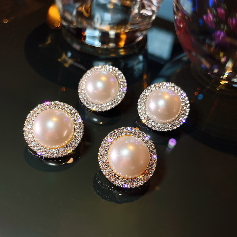 Korean retro pearl full diamond earrings s925 silver needle personalized circular stud earrings, niche and simple 2024 new style earrings details Picture