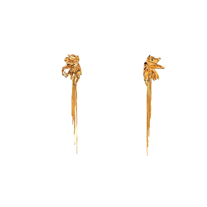 Moonlit Night Gilding ~ Metal petal tassel earrings, high-end and elegant earrings for women, grand and unique stud earrings paired with evening gowns Item Picture