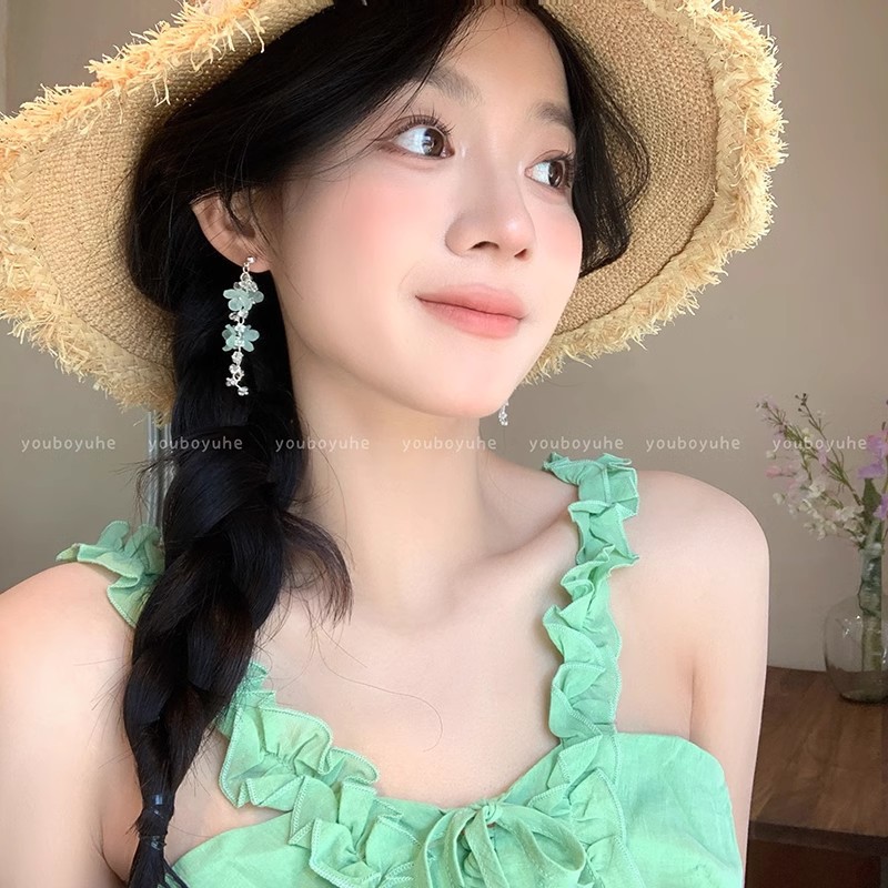 Bohomembo blue flower pendant tassel earrings for women, a new forest-style stud earrings with a summer seaside vacation vibe details Picture