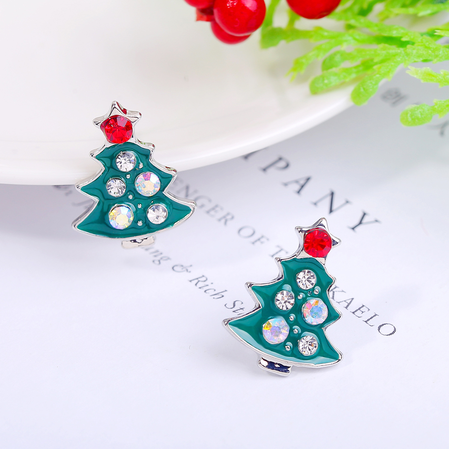 S925 Silver needle green oiling Christmas Stud earrings set with colorful diamonds, my Christmas tree earrings, cross-border Christmas earrings full figure