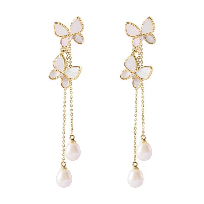 Pearl earrings, women's spring and summer butterfly long tassel earrings, niche high-end light luxury earrings, earrings, stud accessories Item Picture