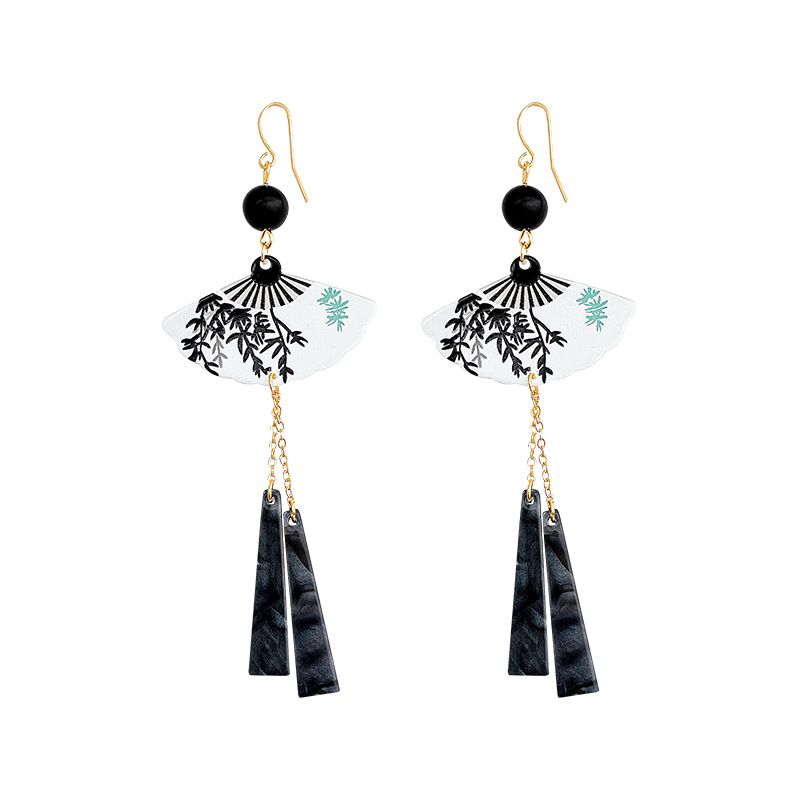 New Chinese-style retro traditional Chinese ink wash fan-shaped tassel earrings, elegant earrings, new high-end, personalized and fashionable earrings Item Picture