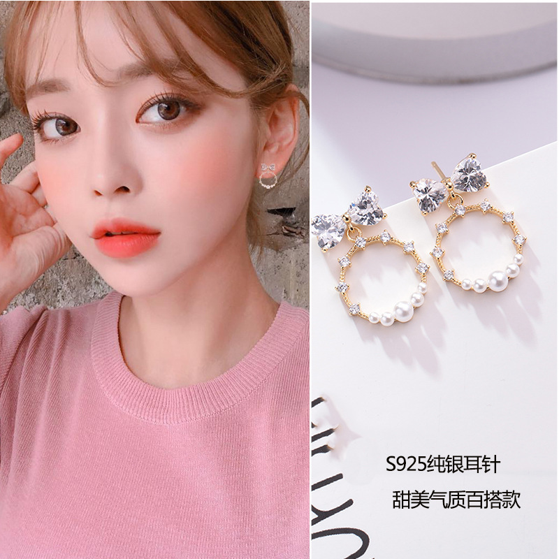S925 Silver needle, Japanese and Korean style geometric circle bow, diamond-encrusted stud earrings, female Internet celebrity, personalized and versatile, trendy earrings and earrings details Picture