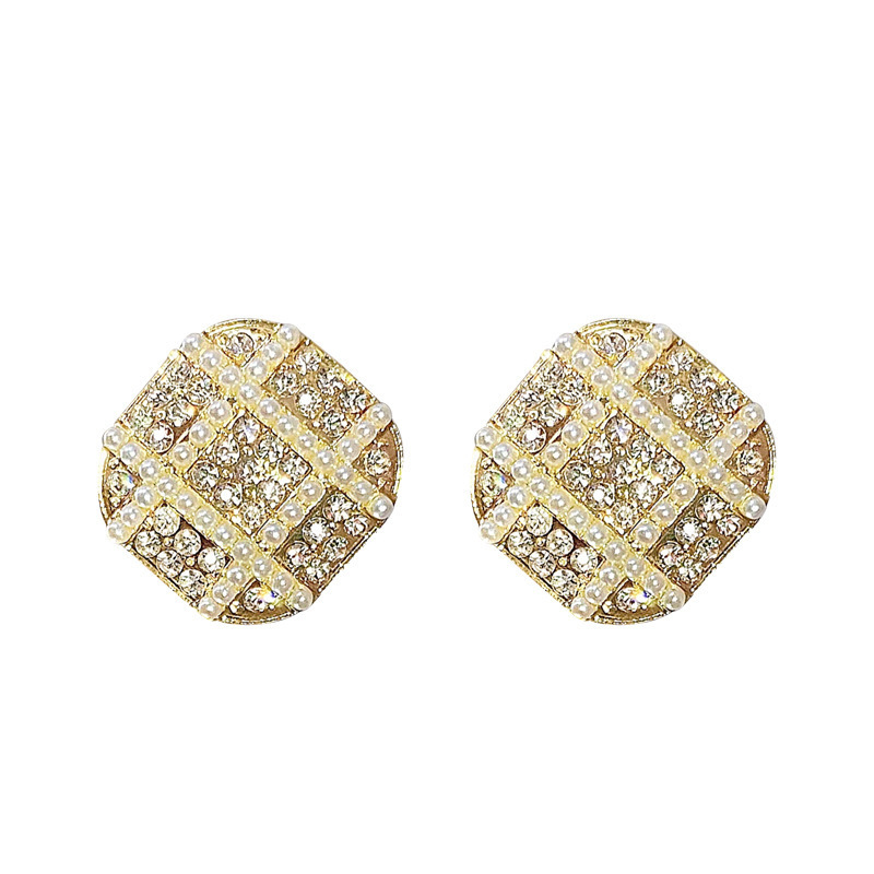S925 Silver Needle Korean geometric Full diamond pearl earrings and Stud earrings, new trendy, simple, fashionable and light luxury stud earrings and earrings Item Picture