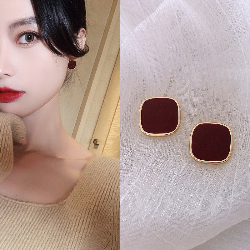 The new Korean version geometric wine red oil drip 925 silver needle stud earrings are a trend of simple and elegant earrings for women details Picture