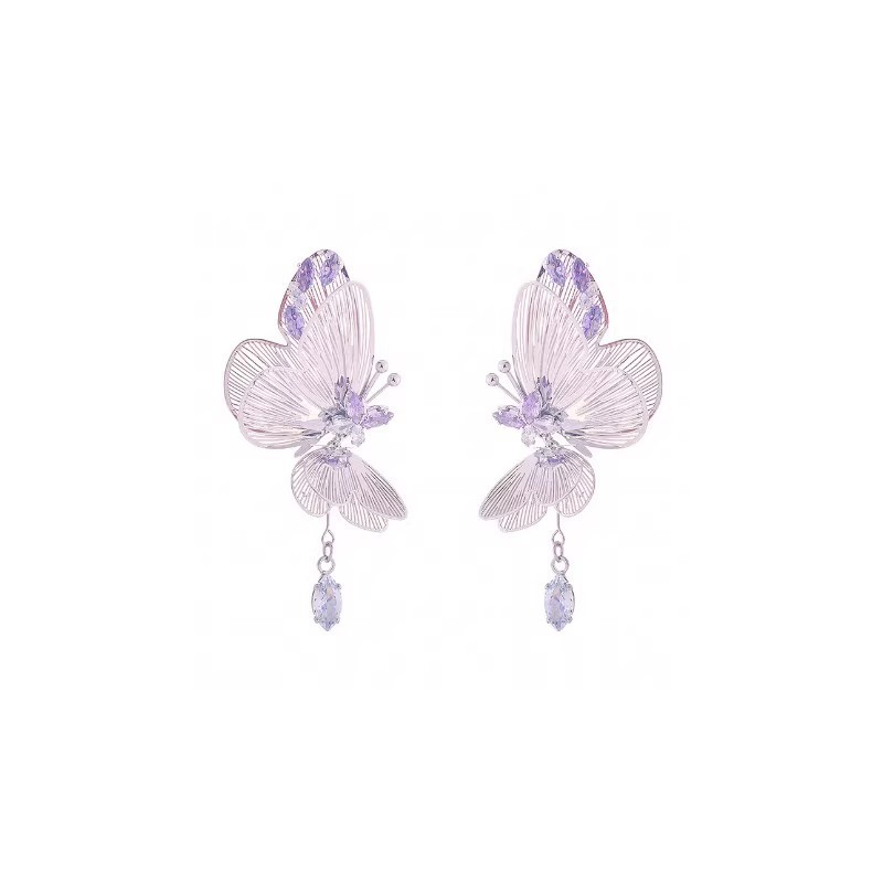 925 Silver Needle Ethereal Purple zirconia Dynamic hollowed-out Butterfly Unique Earrings, women's light luxury high-end stud earrings Item Picture