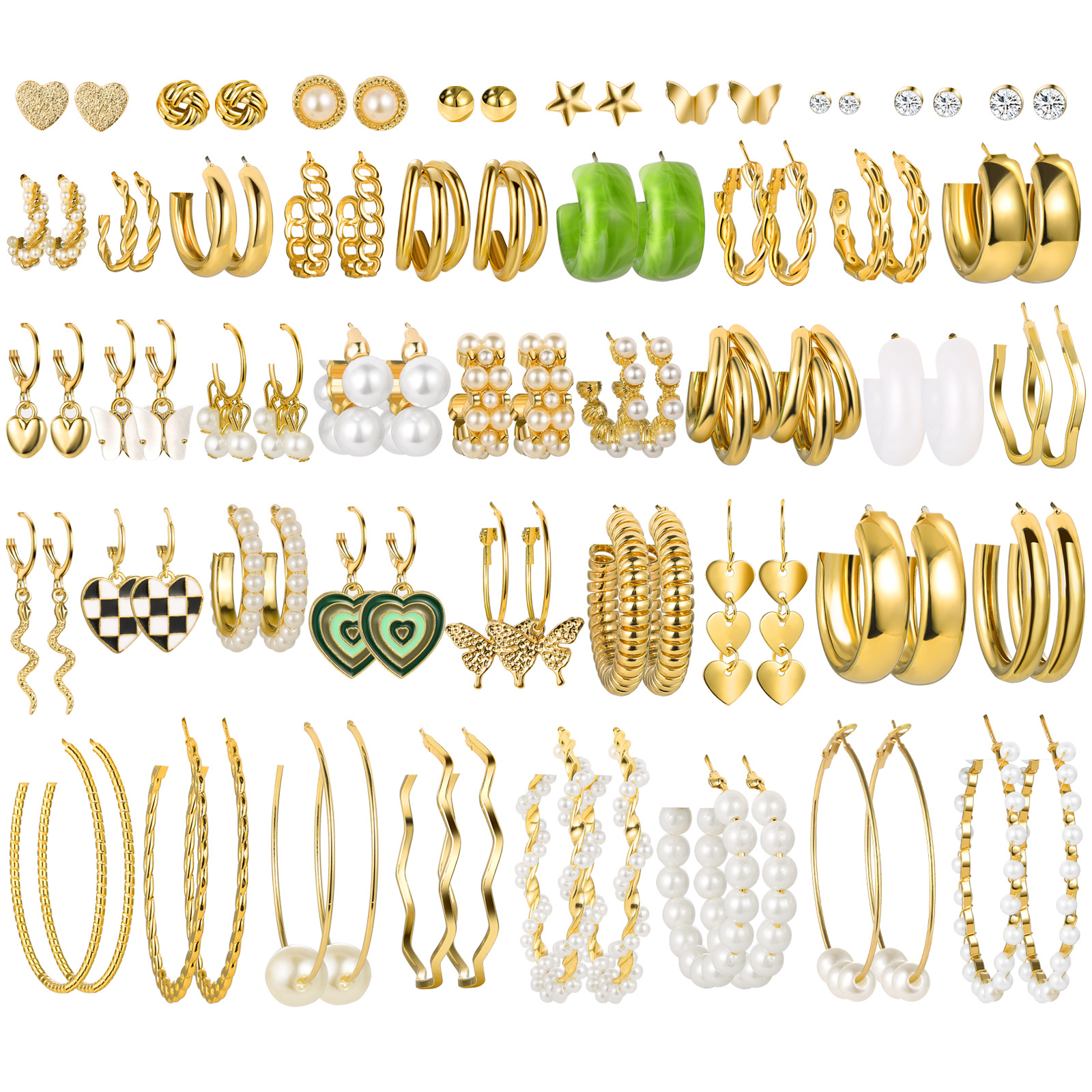 Amazon Cross-border best-selling heart-shaped butterfly imitation pearl earring set, a 44-piece set of women's fashionable and elegant earrings full figure