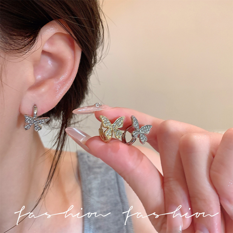 Korean three-dimensional diamond-encruted butterfly ring earrings, a new style of 2025 trendy French exquisite light luxury ear rings and ear buckles details Picture