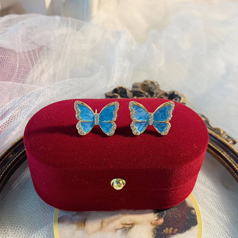 S925 Silver Needle Retro Hong Kong Style vintage oil Drip blue rhinestone butterfly simple and elegant stud earrings full figure