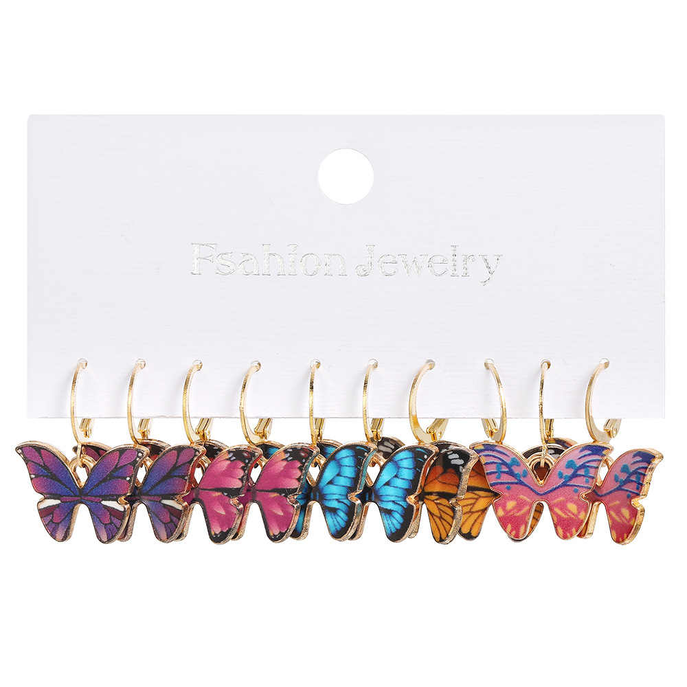 Wholesale of 5-piece new oil-dripping colored butterfly earrings set for foreign trade, European and American creative retro butterfly earrings Item Picture