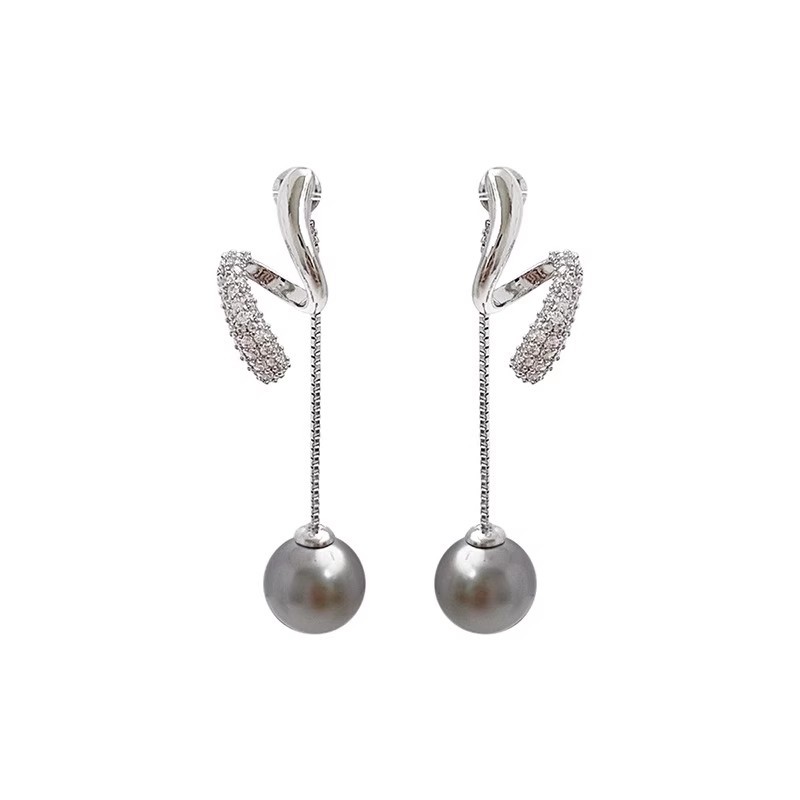 The light luxury and high-end diamond-encrusted grey pearl tassel earrings are unique and long, slimming and face-enhancing stud earrings with a niche design Item Picture