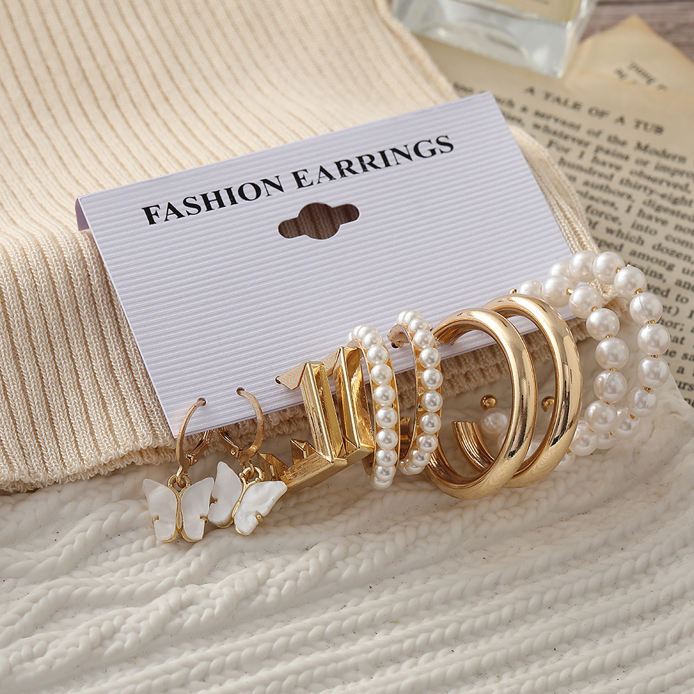 Wholesale of new cross-border inlaid pearl-like women's earrings, creative, simple and retro style ear ring set of 5 pieces Specification drawing