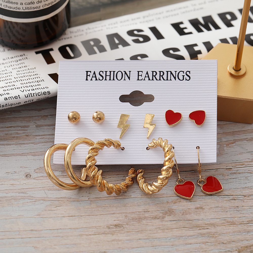 Wholesale of European and American lightning red heart-shaped earrings, creative, simple and retro metal twist ear ring sets of 6 pairs Specification drawing