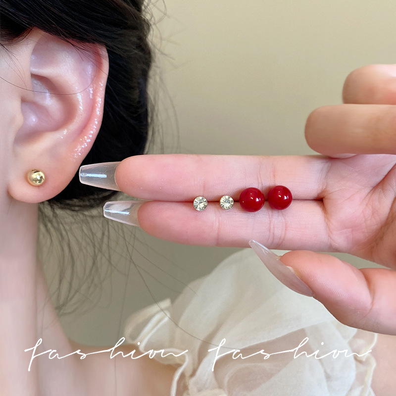 S925 Silver Needle Red Love Bean metal Ear studs Women's ear Piercing Six-piece set Mini Zircon earrings and Earrings wholesale details Picture