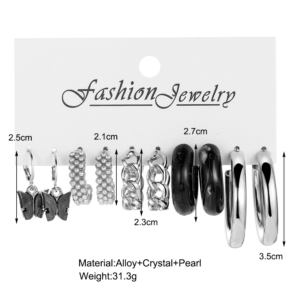 New cross-border black butterfly earrings set, ins simple acrylic C-shaped chain imitation pearl earrings details Picture