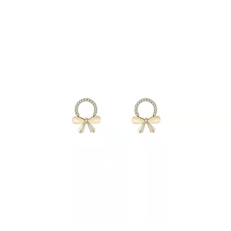 S925 Silver Needle small and exquisite cat's eye stone bow stud earrings for women, simple and personalized circle diamond earrings wholesale Item Picture