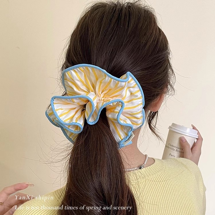 Lemon soda ~ Yellow striped large intestine hair band, high-end Korean-style bun hair tie, large hair tie hair accessory details Picture