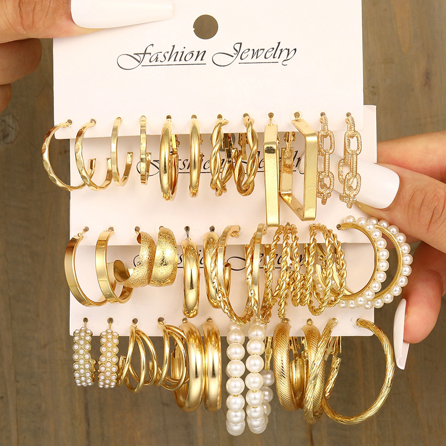 European and American cross-border new metal earring square geometric imitation pearl earring set 18-piece set Earrings full figure