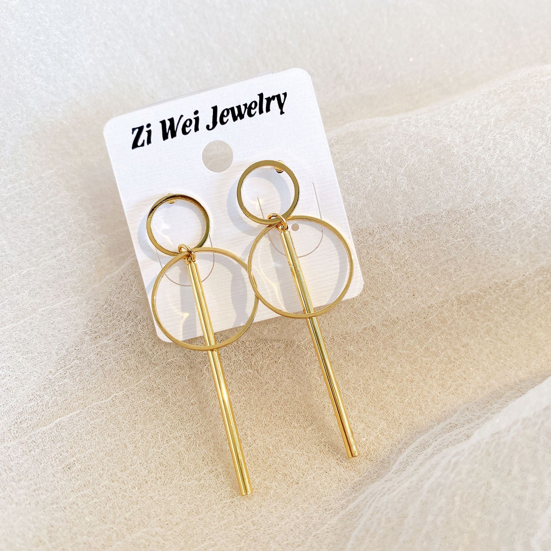 European and American best-selling simple geometric hollowed-out long alloy ear studs with large and small circles, creative golden long tassel ear studs Application Scenario