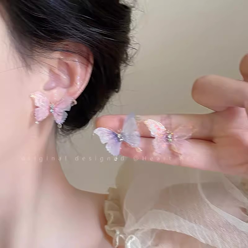 2024 New color butterfly silver needle stud earrings for women, summer light luxury and high-end blue earrings, niche design earrings Specification drawing