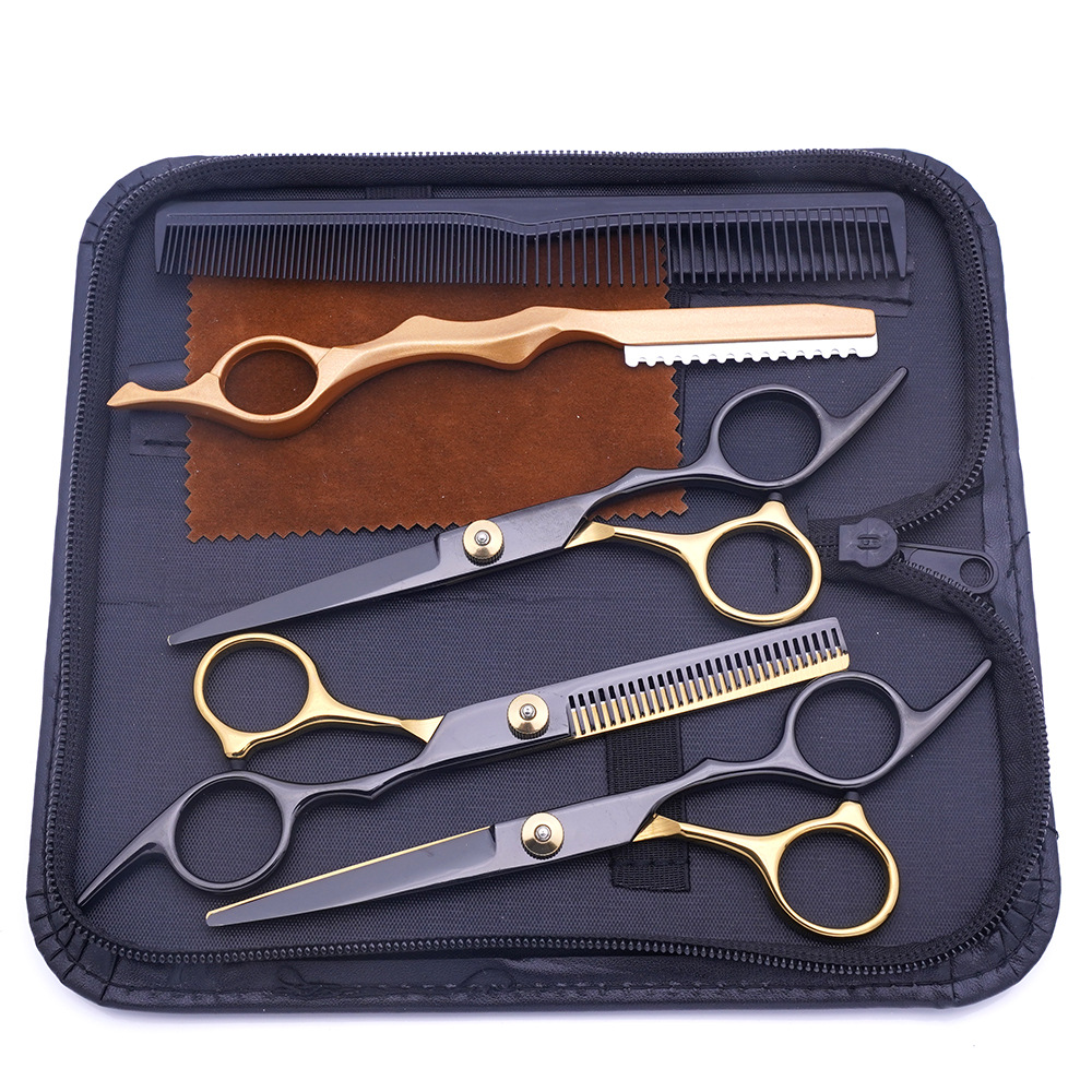 Factory direct sales of black gold hairdressing scissors, special flat scissors for hair care, thin and broken hair clippers, and household hairdressing scissors sets details Picture