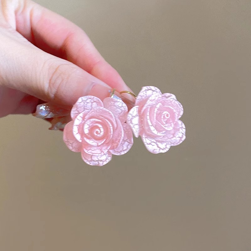 French romantic pink burst flower earrings, a unique and elegant design for women, rose ear buckles, vacation earrings details Picture