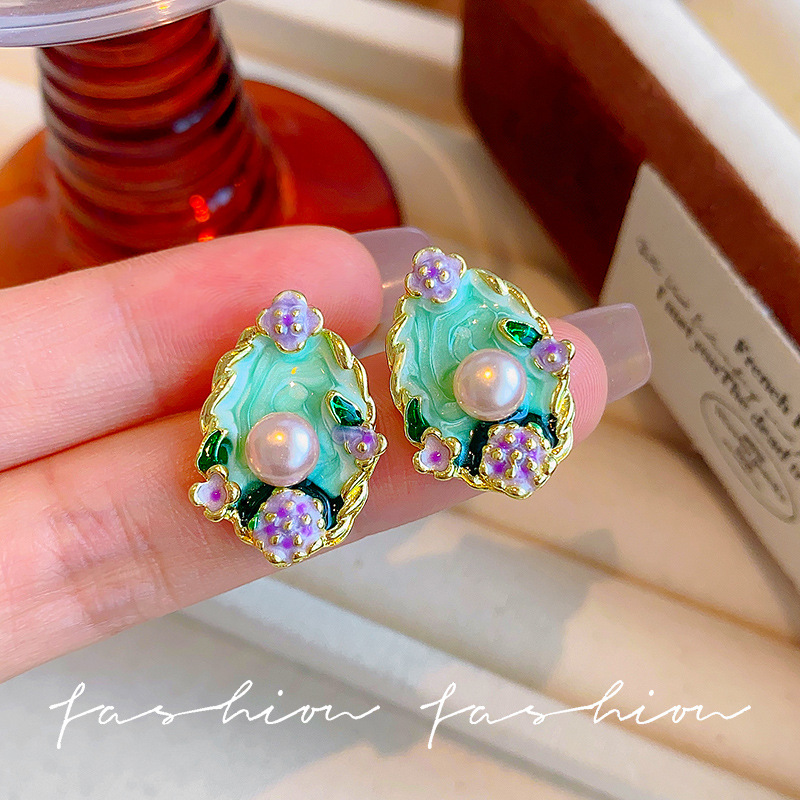 Monet Garden Pearl Earrings 2025 Bestseller, high-end oil painting stud earrings, women's light luxury, niche design, exquisite earrings full figure