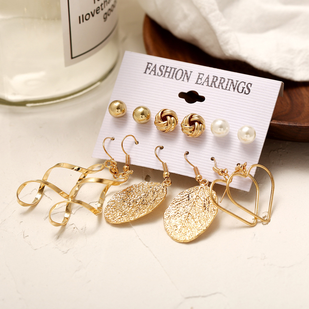 F1640 Hanzhishang European and American Cross-border Creative New Leaf Artificial Pearl Tassel Ear Stud 6-piece Set Earrings details Picture