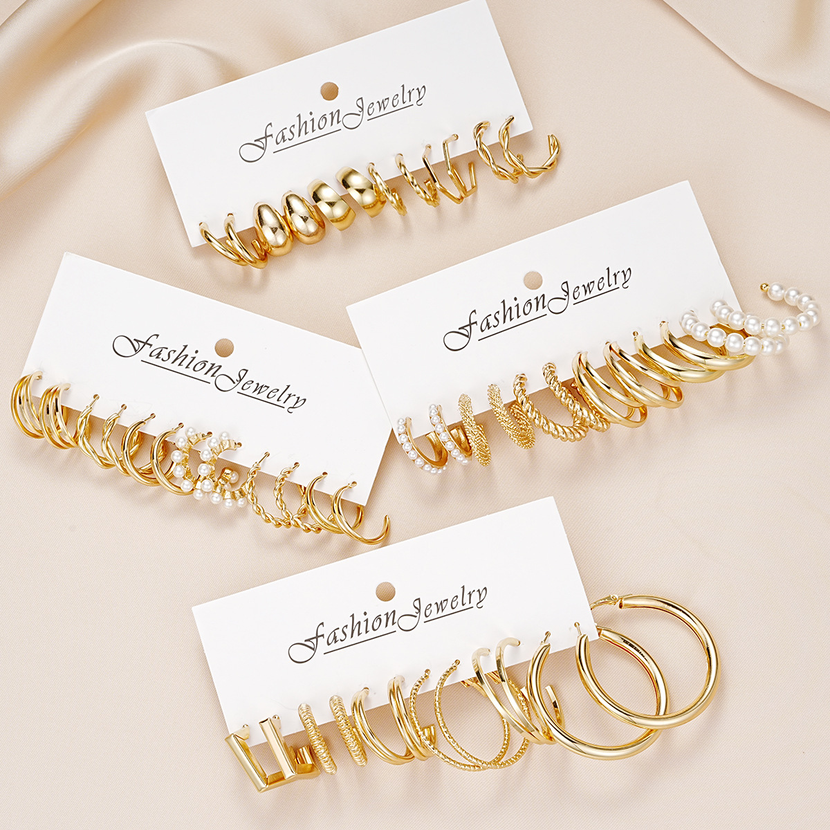 Cross-border best-selling metallic texture C-shaped earrings, creative geometric three-tube imitation pearl twist earrings and earrings set Specification drawing