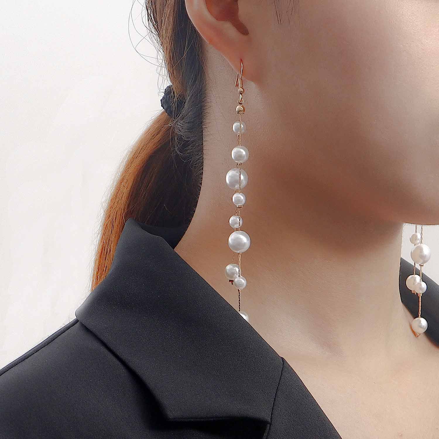 European and American cross-border jewelry, ins tassel imitation pearl pendant earrings, earrings, women's handcrafted geometric metal elegant ear hangers full figure