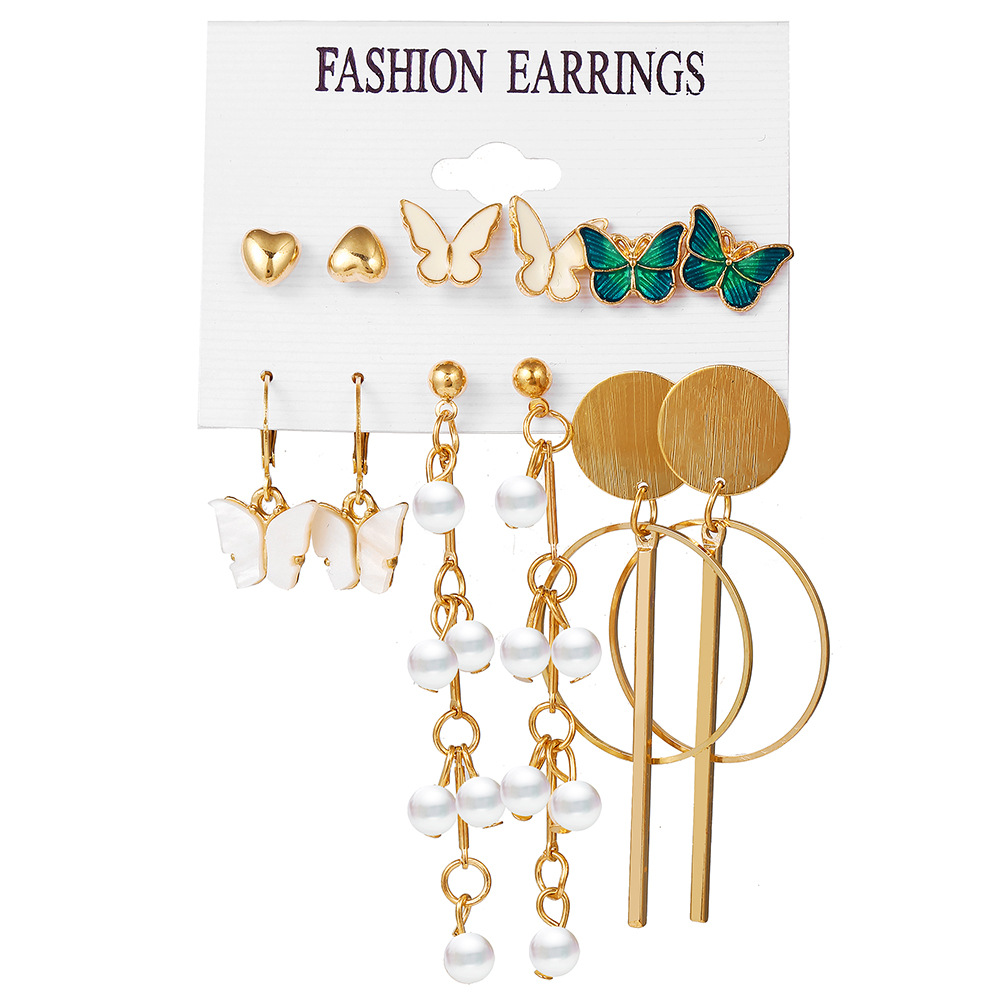 52198 New European and American cross-border circular tassel Earrings, creative butterfly Imitation Pearl Earrings Set of 6 pieces Item Picture