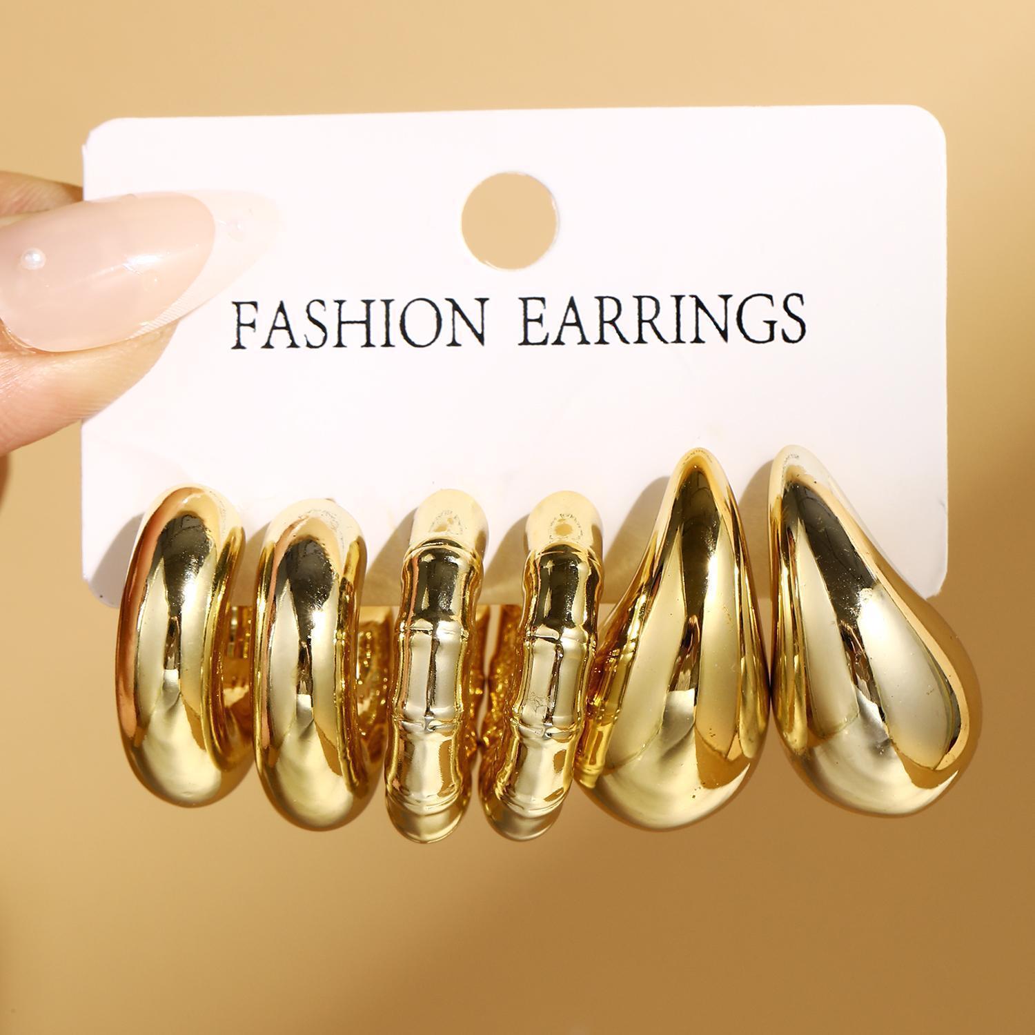 New cross-border fashion CCB water drop bamboo joint earring set from Europe and America, golden simple and light luxury earrings wholesale 3-piece set full figure