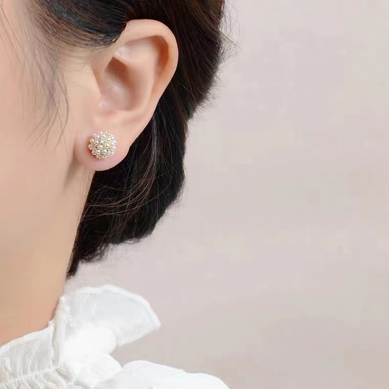 S925 Silver Needle French retro flower fairy Pearl Ball Earrings, a versatile, personalized and fashionable stud accessory for women Specification drawing