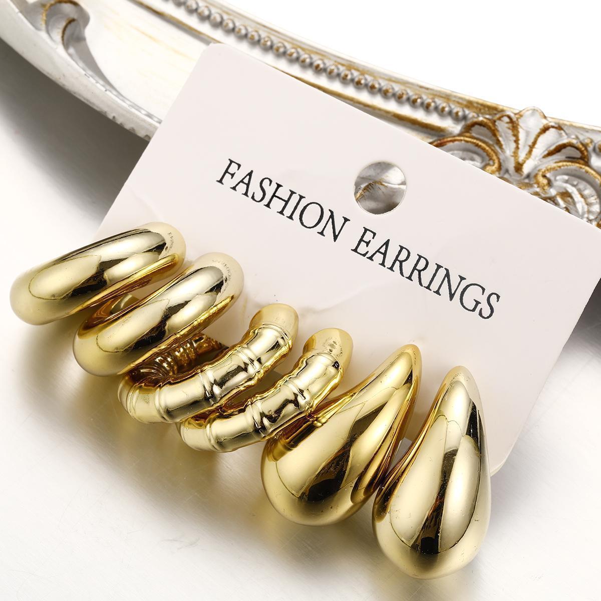 New cross-border fashion CCB water drop bamboo joint earring set from Europe and America, golden simple and light luxury earrings wholesale 3-piece set Specification drawing
