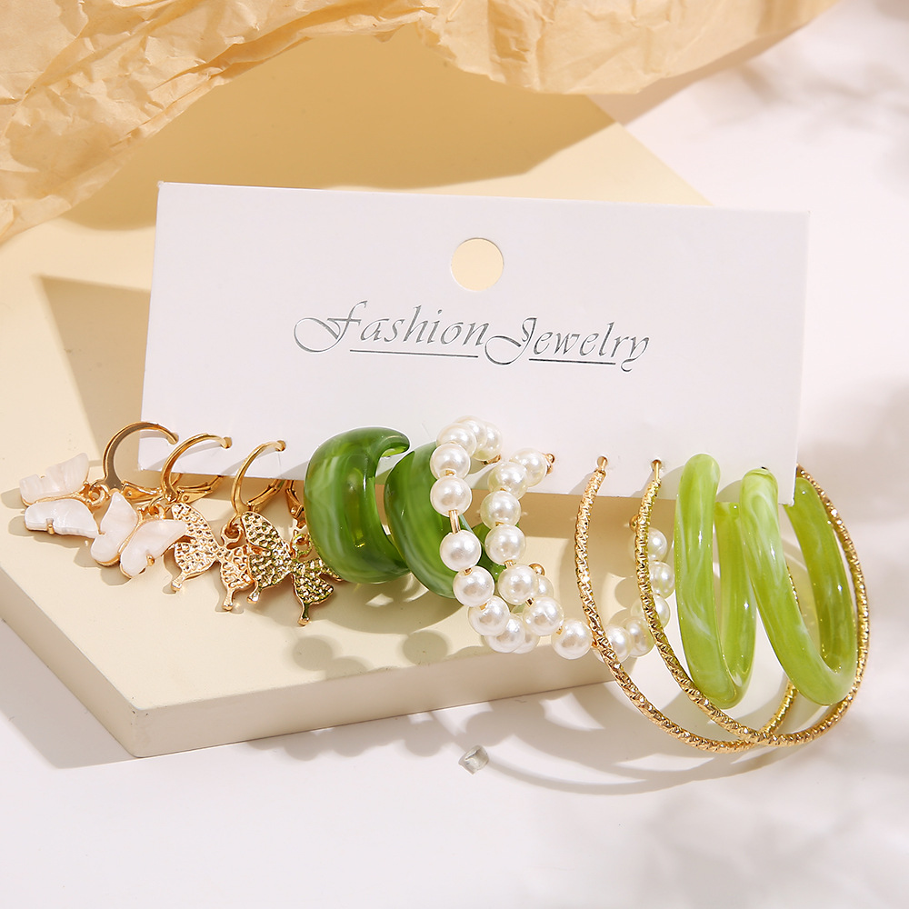 ins earrings, a high-end, niche cross-border circle ear ring, creative retro imitation pearl ring earrings set of 5 pieces Specification drawing