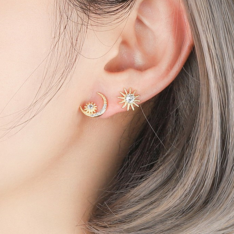 S925 Silver Needle Sun Moon Star Korean Version Asymmetrical Stud Earrings Star Moon Stud Earrings for Women, Elegant style Specification drawing