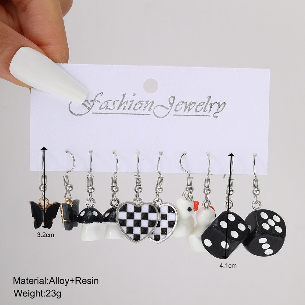 Wholesale of 5-piece cross-border fashion and creative black checkerboard pattern mushroom dice earrings and simple butterfly heart-shaped earrings details Picture