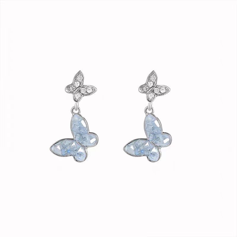 Blue crystal butterfly earrings, small, exquisite and high-end fashionable stud earrings, 925 silver needle and elegant tassel earrings Item Picture