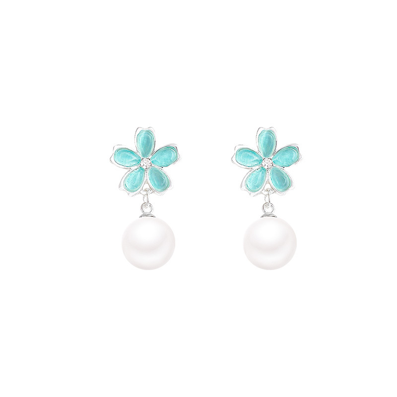 925 Silver Needle Flower Pearl Earrings, a unique and niche design for women, mint green stylish earrings, wholesale earrings in Yiwu Item Picture