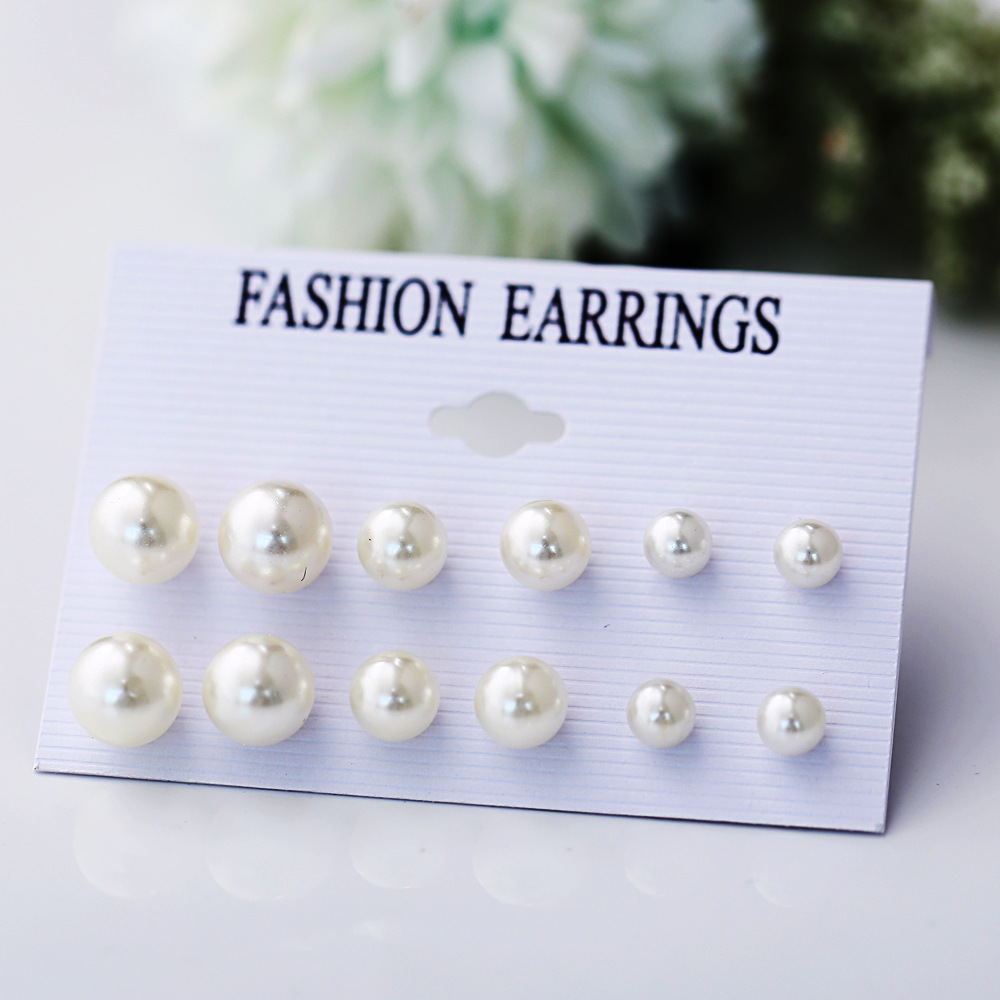 A new 6-pair set of cross-border artificial pearl stud earrings from Europe and America, featuring a creative, retro, simple and Baroque style for women Specification drawing