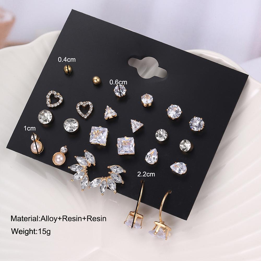 A new 12-piece set of cross-border rhinestone earrings from Europe and America, featuring Instagram-style heart-shaped triangular teardrop-shaped stud earrings details Picture