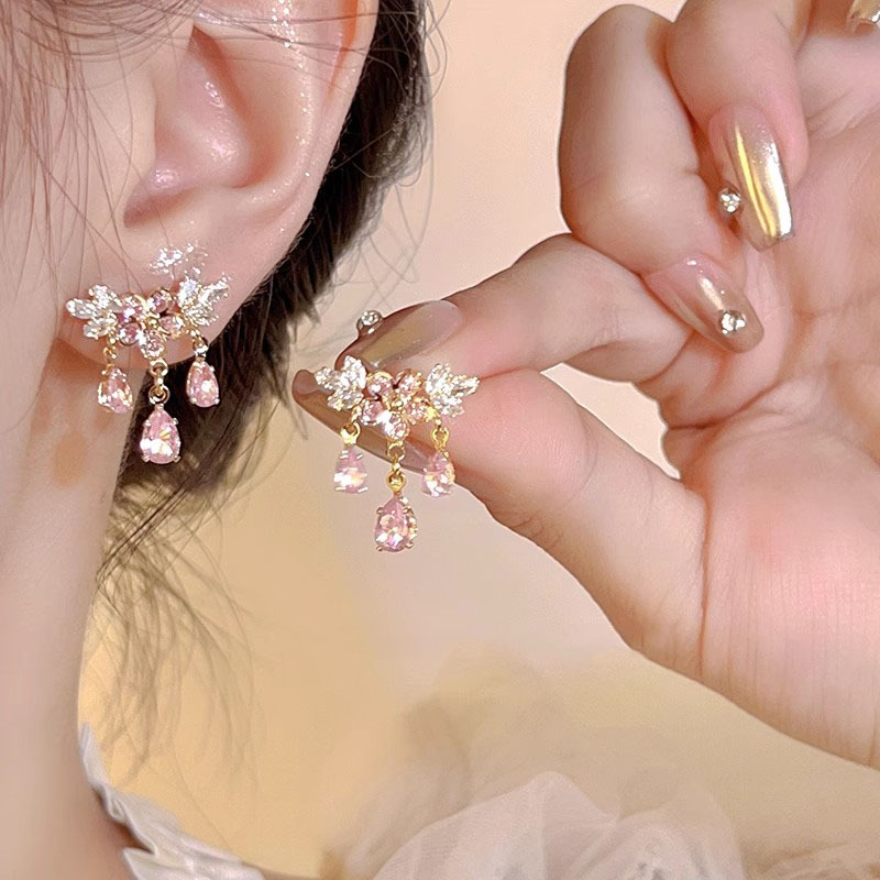 Sparkling diamond flower water drop zircon tassel stud earrings, women's light luxury high-end fashion earrings, niche design, versatile earrings full figure