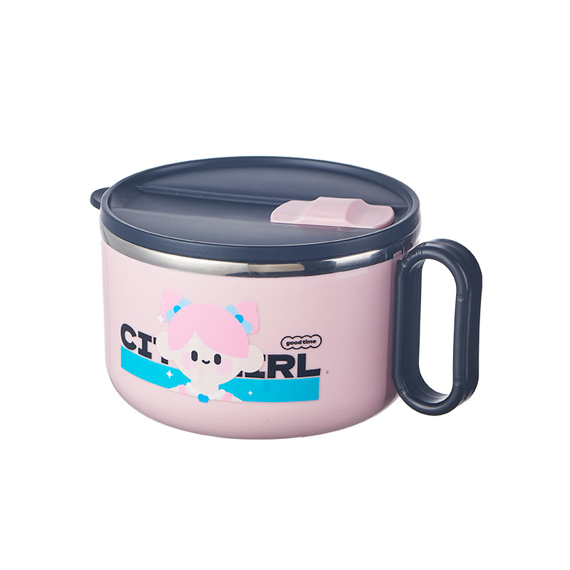 M04-6058 stainless steel instant noodle bowl with lid, dormitory student with handle tableware, cartoon large-capacity dinner bowl Item Picture