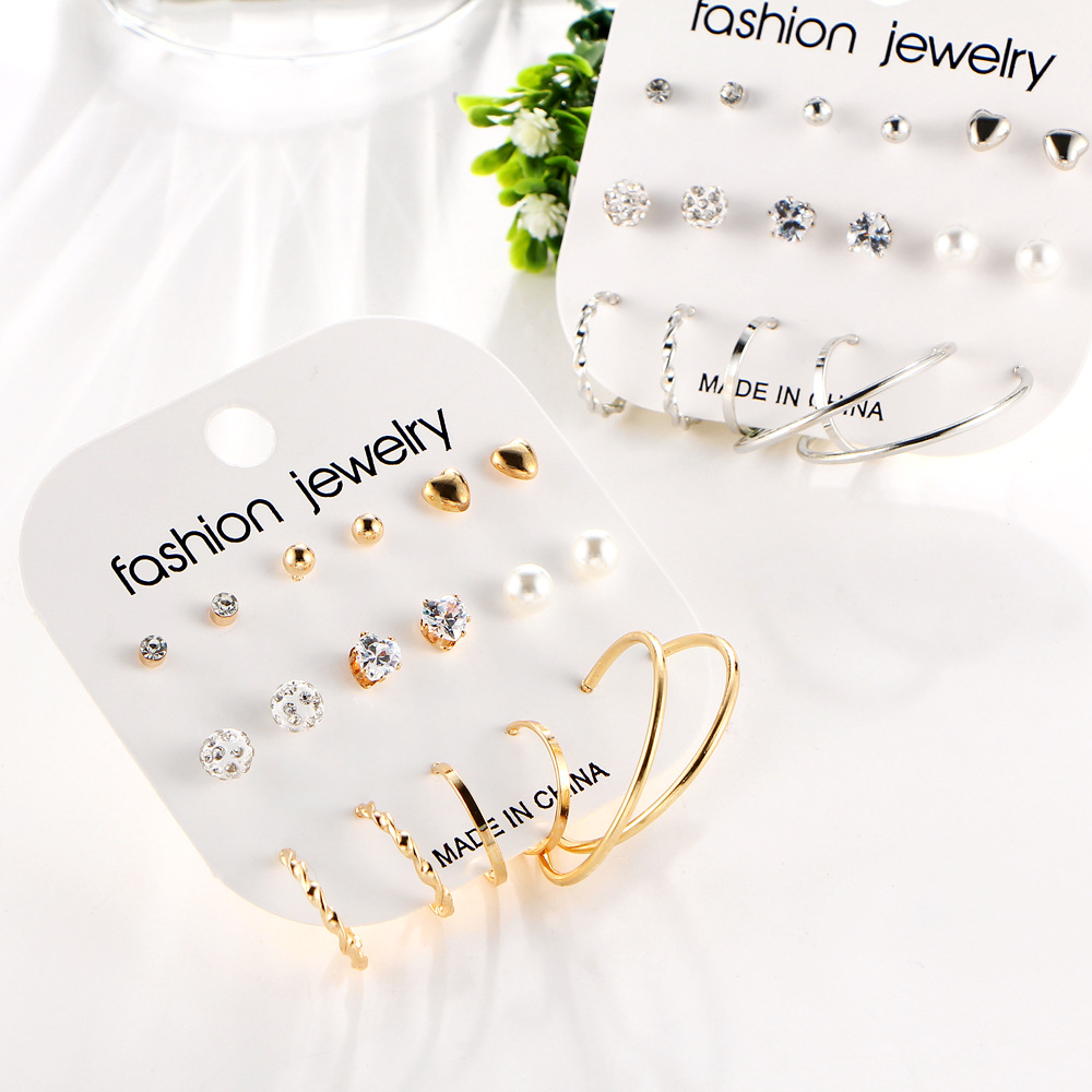 European and American cross-border wish Rock exaggerated metal ear ring 9-piece set, ear stud set, crystal earring combination for women details Picture