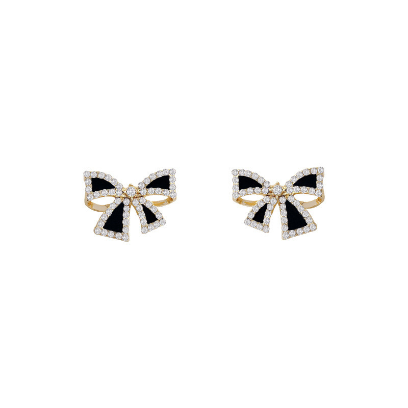 S925 Silver Needle new black bow with sparkling diamond stud earrings for women, Korean simple and elegant style, cold and sweet earrings trend Item Picture