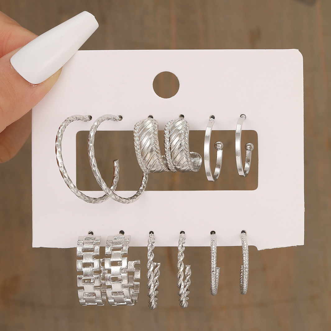 Wholesale of 6-piece cross-border new ins creative and simple C-shaped chain hollowed-out earrings with European and American metal ear rings details Picture