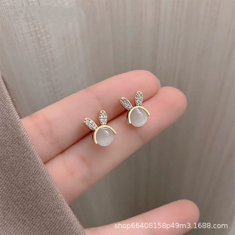 S925 Silver Needle New cat's eye stone ear Stud Rabbit Diamond set Korean-style fashionable and simple design women's earrings full figure