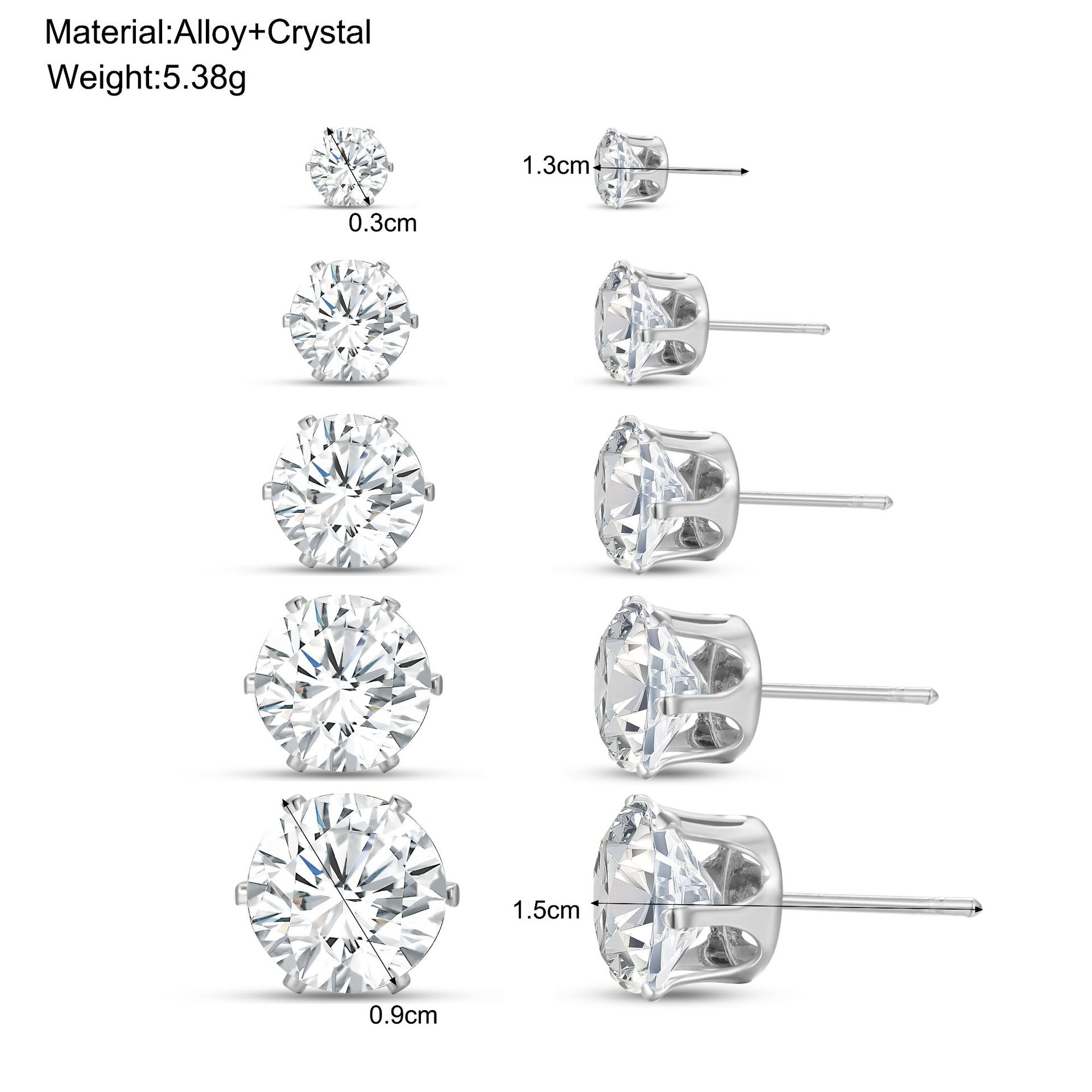 European and American cross-border style, simple and classic, 5-pair four-prong water diamond stud earrings, Amazon's best-selling stud earrings details Picture