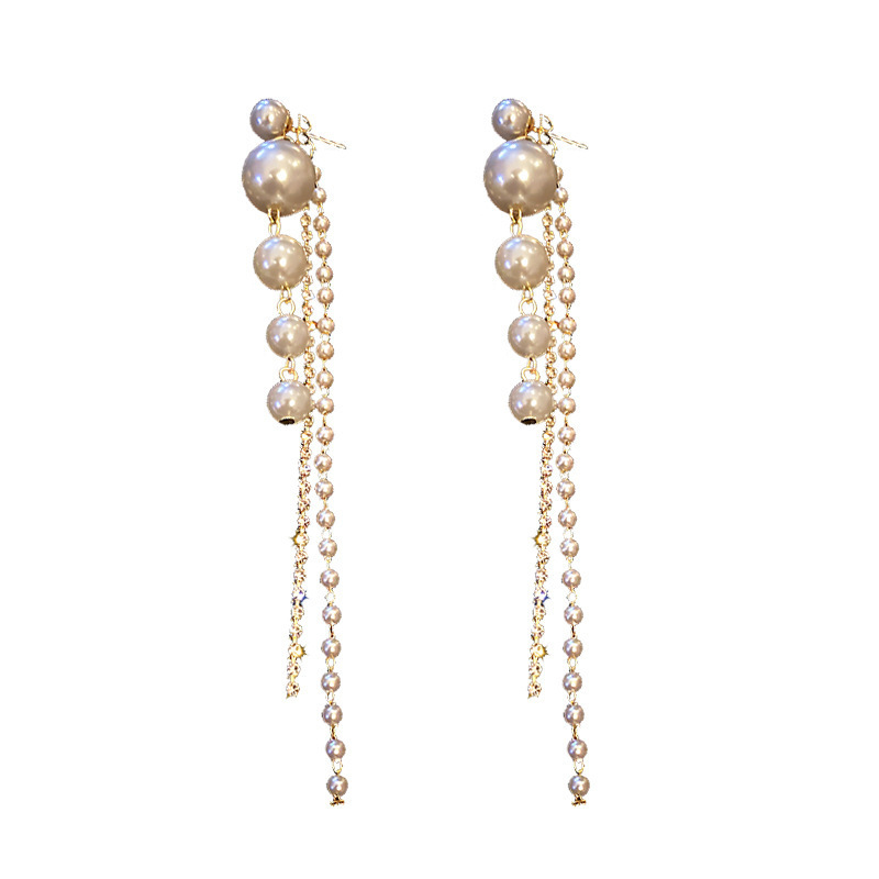 Diamond-encrusted pearl tassel earrings, European and American style long earrings, fashionable and trendy earrings wholesale Item Picture